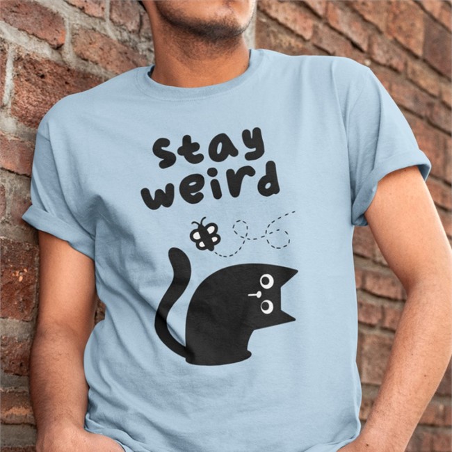 Qwertee Merch Stay Weird Cat Tee