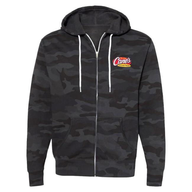 Official Canes Merch Store Raising Cane's Gear Full Zip Camo Crewneck Black Camo Canes Apparel Clothing Shop