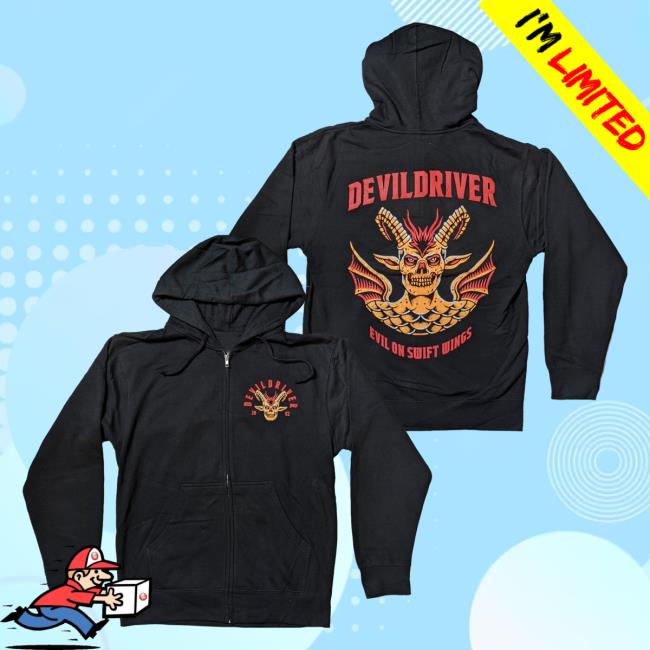 Official Night Shift Merch Store Devildriver - Evil On Swift Wings Zip-Up Pullover Hoodie NightShiftMerch