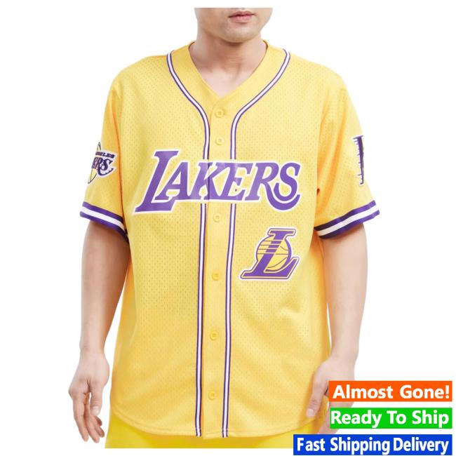 Official Fresh Society Los Angeles Lakers Logo Mesh Button Up Jersey - Yellow Shirt New
