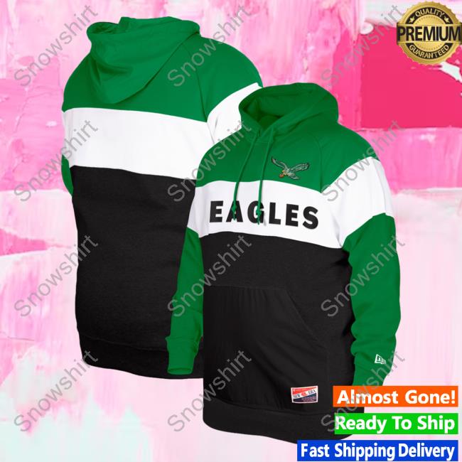 Official PhiladelphiaEagles Clothing Merch Store Shop New Era Kelly Green Philadelphia Eagles Throwback Colorblocked Hoody 3D