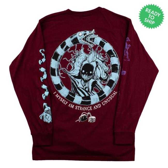 Official Any Means Necessary Clothing Beetlejuice I Myself Am Strange And Unusual Long Sleeve T-Shirts Burgundy