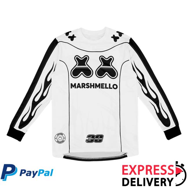 Official Marshmello Apparel Clothing Merch Store Marshmello Joytime L/S Moto Long Sleeve T-Shirt White Marsh Mello Shop