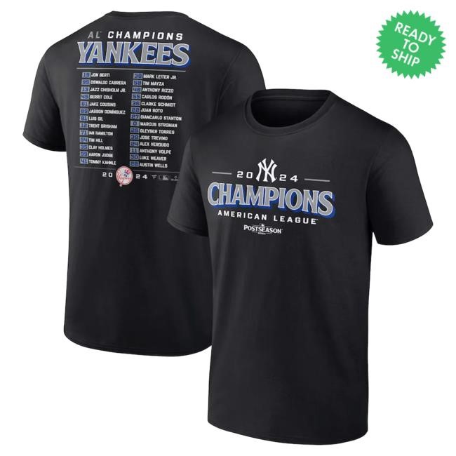 New York Yankees Men's 2024 American League Champions Bloop Single Roster Shirt