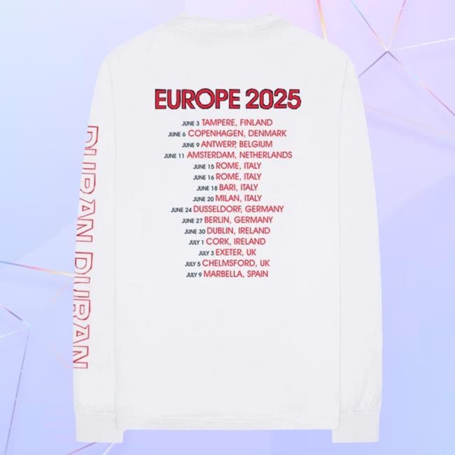Duran Duran White Euro 25 Long Sleeve Tshirt Official Duran Duran Merch Store Duran Duran White Euro 25 Long Sleeve T-Shirt