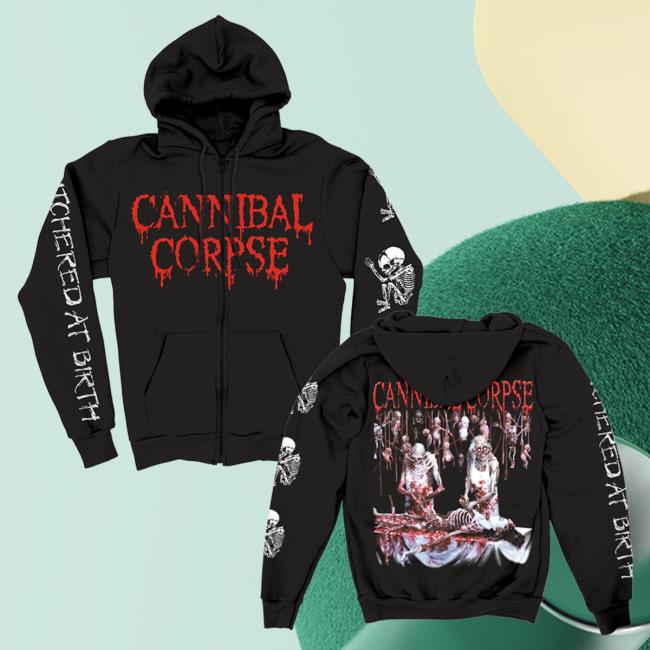 Official Kings Road Merch Store Cannibal Corpse Butchered At Birth Sleeve Print Zip UpCrew neck Sweatshirt (Bla Kings Road Shop CannibalCorpse