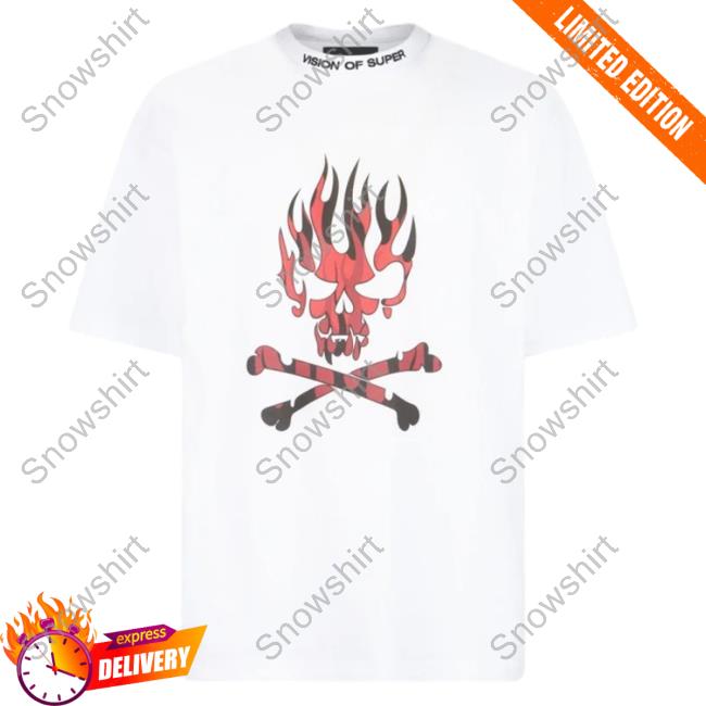 Official Vision Of Super White Tee Shirt With Red Skull Print