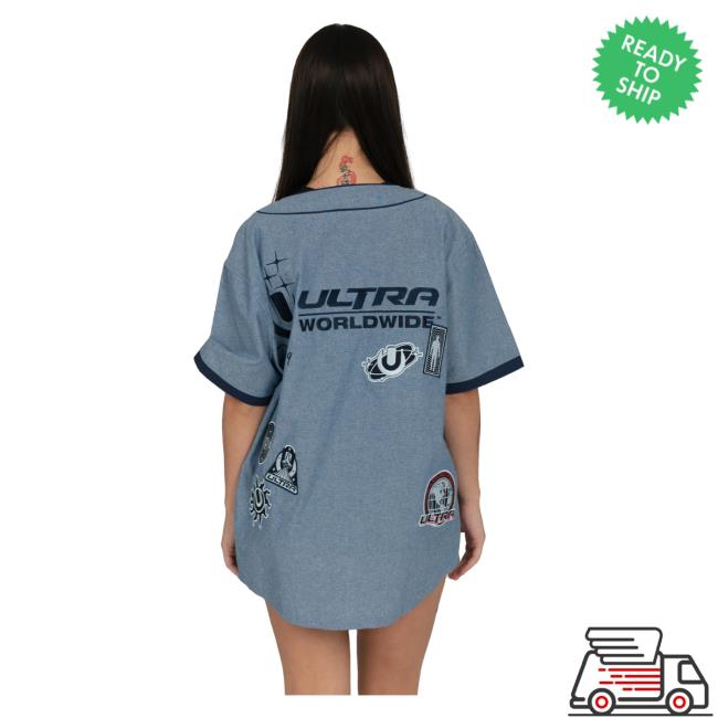Official Ultra Records Ultra Denim Baseball Jersey - White Tees UltraRecords Official Ultra Records Ultra Denim Baseball Jersey - White Tee Shirt UltraRecords