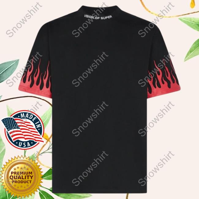Official Vision Of Super Black Tee With Printed Red Flames