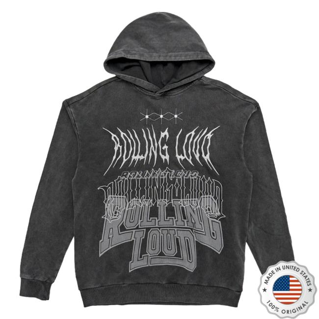 Official Rolling Loud Merch Store Rolling Loud Rl G-Metal Logos Vintage Black Hood Rolling Loud Apparel Clothing Shop RollingLoud