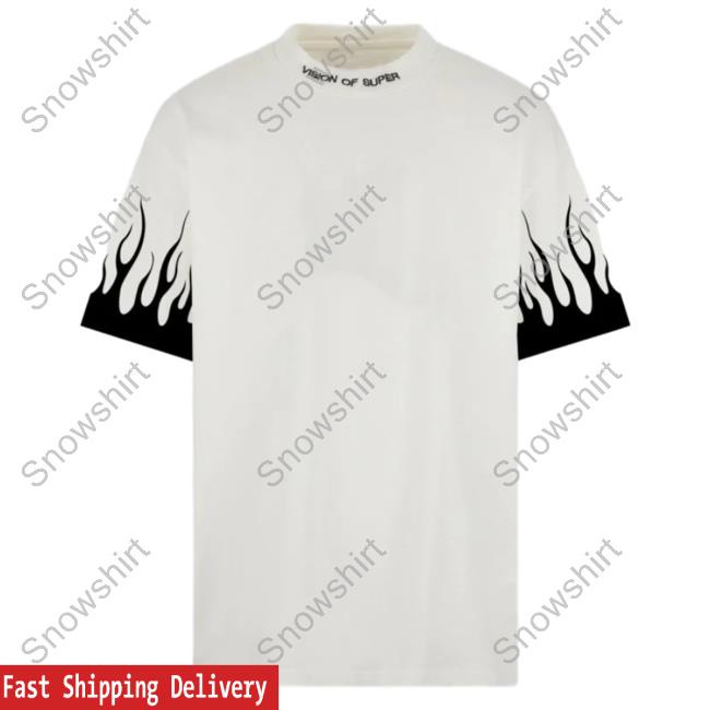 Official Vision Of Super White T-Shirts With Printed Black Flames