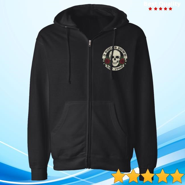 Official 3 Doors Down Merch Snake Skull Skull And Roses Zip Sweatshirt