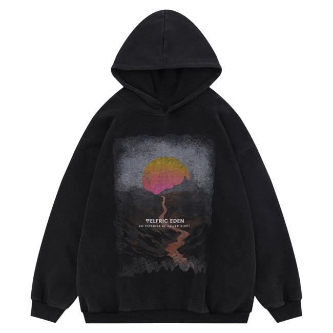 Official Aelfric Eden Clothing Merch Store Aelfric Eden Mountain Sunset Print Pullover Hoodie Black AelfricEden