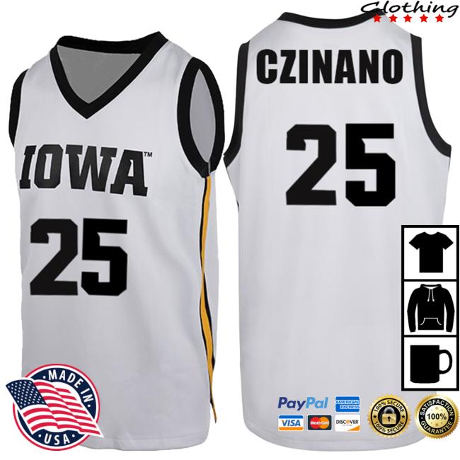 Official Iowa Hawkeyes Merch Store Iowa Hawkeyes Czinano #25 White Jersey Shirt Iowa Hawkeyes Apparel Clothing Shop